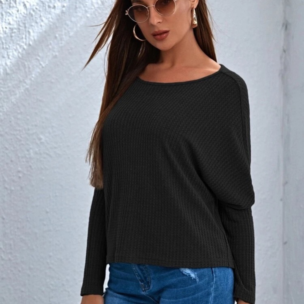 Drop Sleeve Waffle Knit Top Sweater Black - Picture 4 of 9